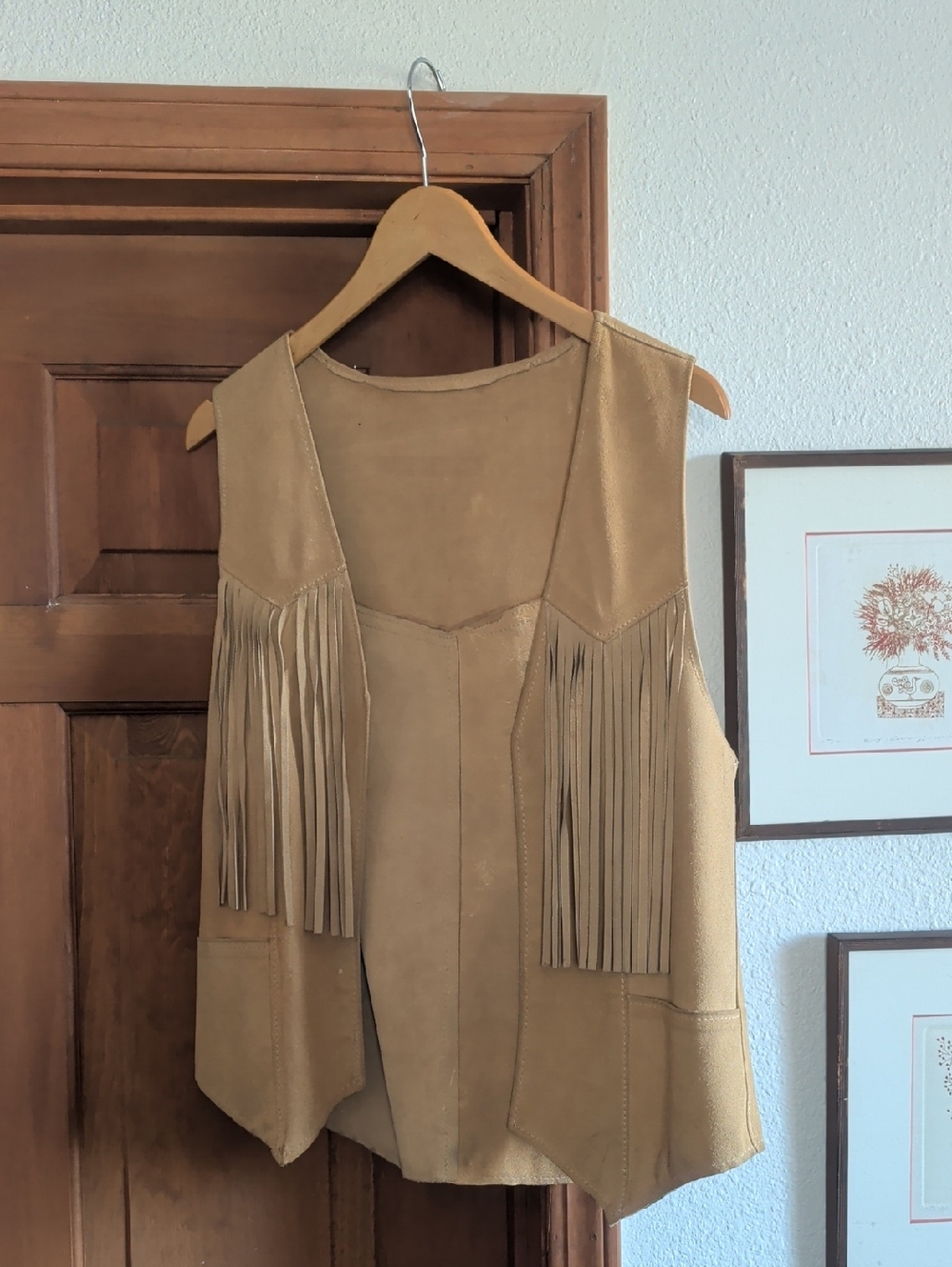 Vintage Leather Fringe Vest in Camel Tan